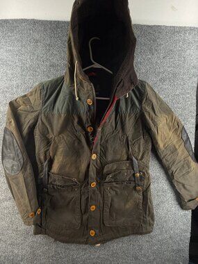 Barbour Game Parka Waxed Jacket Hooded Sylkoil Green Elbow Patches Mens Small